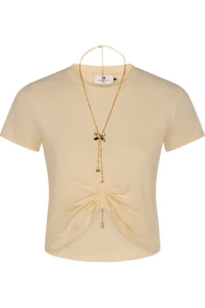 Elisabetta Franchi Tops, Dames, Geel, L, Metallic Chain Logo Detail Cropped T-Shirt