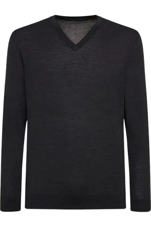 Kiton Truien, Heren, Grijs, S, Wol, Charcoal Grey Wool V-Neck Pullover