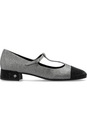 Tory Burch Schoenen, Dames, Grijs, 40 EU, Leer, Cap-Toe T-Strap Pavé Hak Balletschoen met Hak
