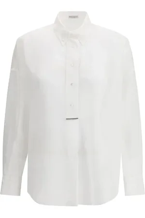 Brunello Cucinelli Blouses & Shirts, Dames, Wit, L, Katoen, Doorschijnende Shirt met Juweeldetail en Klassieke Kraag