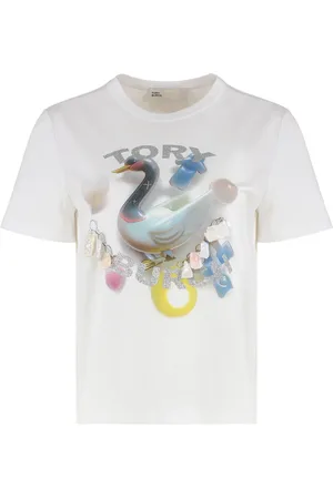 Tory Burch Tops, Dames, Wit, L, Katoen, Geribbelde crew-neck katoenen T-shirt