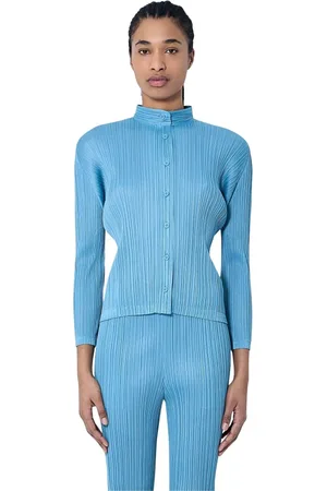 Issey Miyake Blouses & Shirts, Dames, Blauw, L, Polyester, Klassieke Geplooide Overhemd