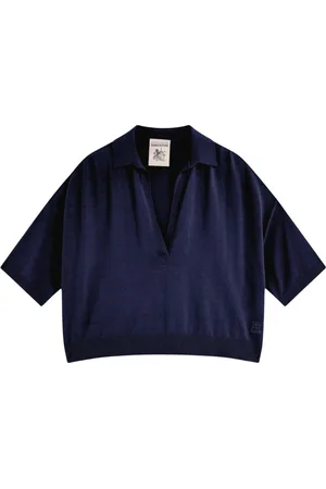 SEMICOUTURE Tops, Dames, Blauw, M, Katoen, Amber Katoenen Polo met V-hals