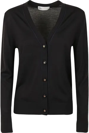 Tory Burch Truien, Dames, Zwart, L, Wol, Zwart wollen zijden vest met contrasterende bies