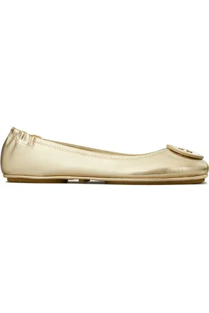 Tory Burch Schoenen, Dames, Geel, 36 EU, Leer, Gouden Metallic Ballerina`s met Dubbel T Motief