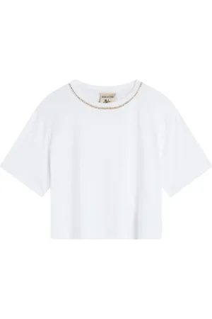 SEMICOUTURE Tops, Dames, Wit, S, Katoen, Marina Katoenen T-shirt met Strass Borduurwerk