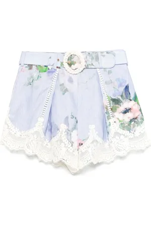 ZIMMERMANN Korte broeken, Dames, Blauw, S, Katoen, Everley Short met kanten rand en plooien