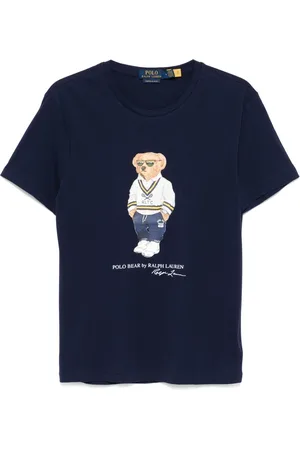 Ralph Lauren Tops, Heren, Blauw, M, Katoen, Geborduurde `Polo Beer` Katoenen T-shirt