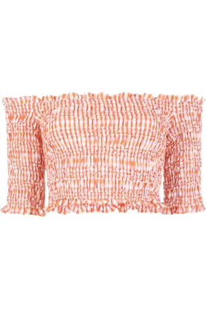 Kenzo Blouses & Shirts, Dames, Oranje, S, Katoen, Off-the-Shoulder Mouwloze Top in Wavy Vichy