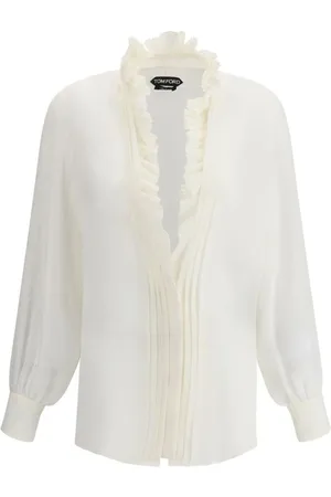 Tom Ford Blouses & Shirts, Dames, Wit, S, Gerafelde Zijden Blouse met V-hals