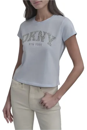 DKNY Tops, Dames, Blauw, L, Katoen, Klassieke Ronde Hals T-shirt