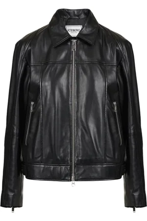 Iceberg Jassen, Dames, Zwart, M, Leer, Zwart leren jack met bikerdetails