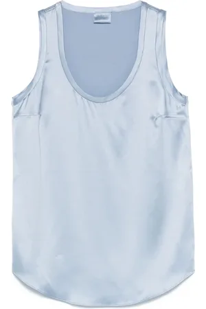 Brunello Cucinelli Tops, Dames, Blauw, L, Blauw-Grijze Mouwloze Top met Gekromde Zoom