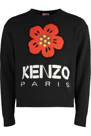 Kenzo Truien, Heren, Zwart, XL, Wol, Flower Front Wollen Trui