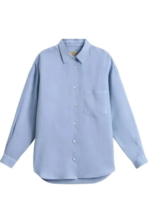 Woolrich Blouses & Shirts, Dames, Blauw, M, Linnen, Blauwe Linnen Overhemd Knoopsluiting Lange Mouwen