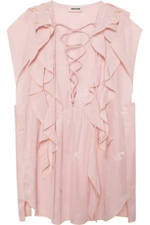 Zadig & Voltaire Tops, Dames, Roze, S, Kanten Mouwloze Blouse met Ruches aan de Voorkant