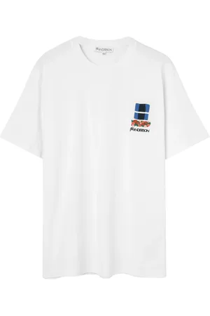J.W.Anderson Tops, Heren, Wit, S, Katoen, T-shirt met raamborduring