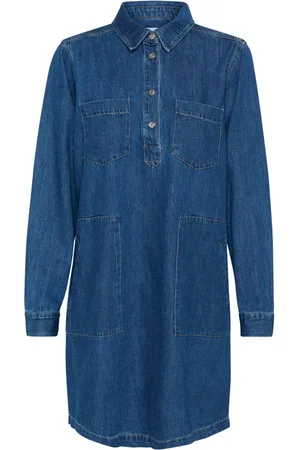 Part Two Kleedjes, Dames, Blauw, L, Denim, Denim Jurk met Shirtkraag en Borstzakken