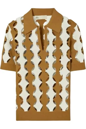 Tory Burch Tops, Dames, Bruin, S, Polyester, Gestreept poloshirt met cut-outs