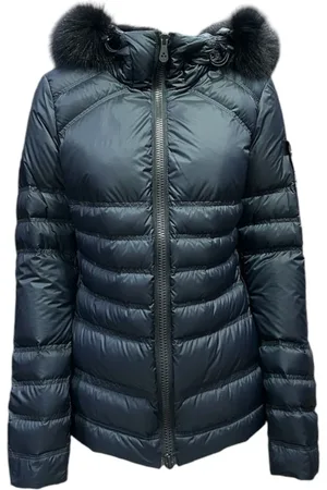 Peuterey Jassen, Dames, Blauw, M, Polyester, Blauwe Jas met Capuchon en Afneembare Vossenbontrand