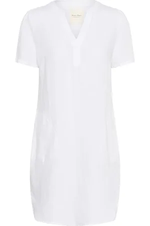Part Two Kleedjes, Dames, Wit, XS, Linnen, Heldere Witte Jurk met Korte Mouwen