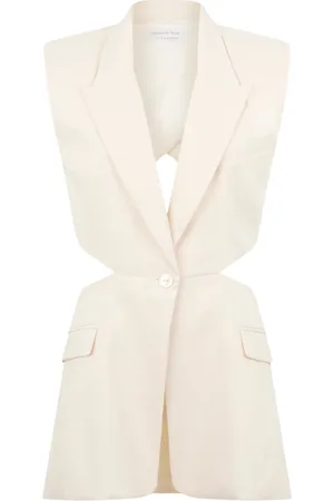 Patrizia Pepe Jassen, Dames, , L, Linnen, Crèmekleurig Linnen Gilet met Cut-Out Details