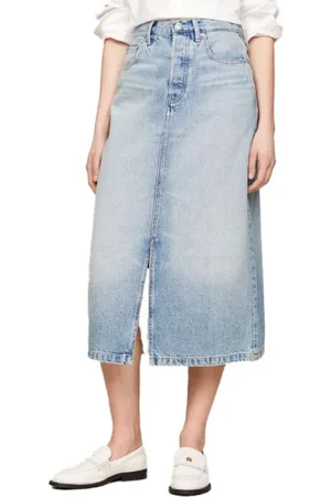 Tommy Hilfiger Rokken, Dames, Blauw, M, Katoen, Midi Rechte Rok