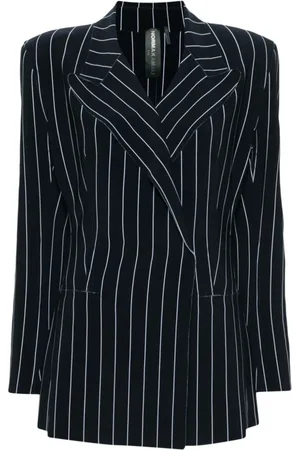 Norma Kamali Jassen, Dames, Blauw, L, Blauw Pinstripe Double-Breasted Jas