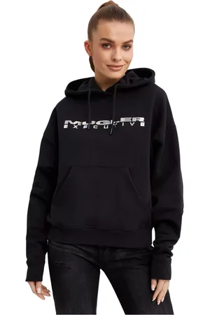 MUGLER Sweatshirts & Hoodies, Dames, Zwart, S, Katoen, Zwarte hoodie met zilveren logo