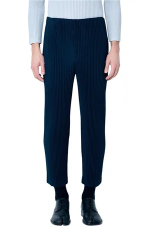 Issey Miyake Broeken, Heren, Blauw, S, Polyester, Geplooide broek met rechte pijpen