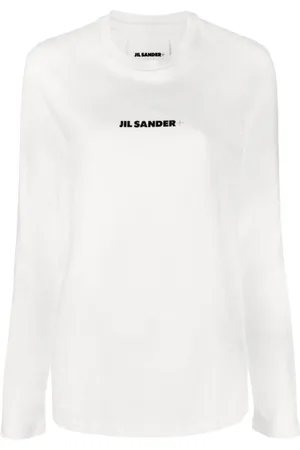 Jil Sander Tops, Dames, Wit, S, Katoen, Logo Print Lange Mouw T-Shirt