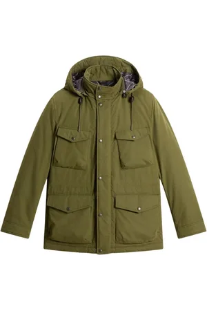 Woolrich Jassen, Heren, Groen, M, Katoen, Mountain Cloth Field Jacket met Afneembare Capuchon