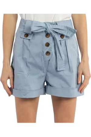 Woolrich Korte broeken, Dames, Blauw, W25, Katoen, Shorts met Strikceintuur en Omgeslagen Zoom