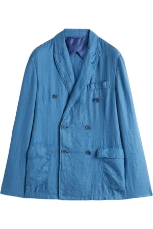 Aspesi Jassen, Heren, Blauw, S, Linnen, Linnen dubbelborstige blazer Sugimoto stijl