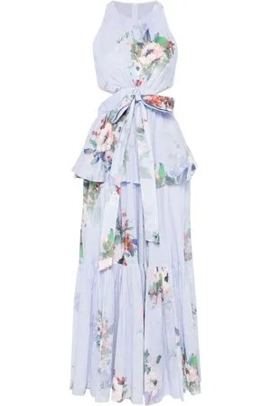 ZIMMERMANN Kleedjes, Dames, Blauw, S, Jurk met bloemenprint en uitgesneden details