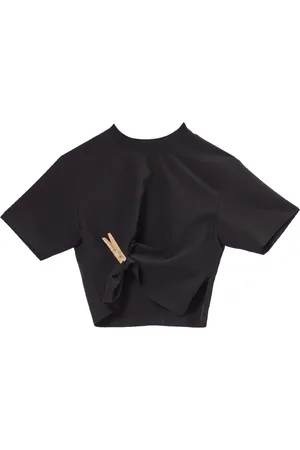 Moschino Tops, Dames, Zwart, M, Polyester, Zwarte Cropped T-shirt met Borduurwerk