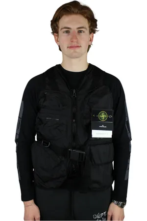 Stone Island Jassen, Heren, Zwart, L, Denim, Zwarte Utility Vest, Functioneel en Stijlvol