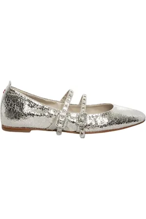 HALMANERA Schoenen, Dames, Grijs, 41 EU, Leer, Zilveren Gekraakt Leren Ballerina Schoenen