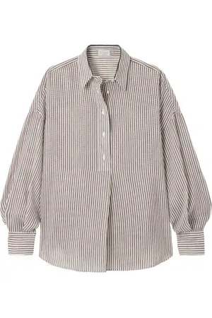 Brunello Cucinelli Blouses & Shirts, Dames, Bruin, XS, Linnen, Bruine Linnen Overhemd Oversized