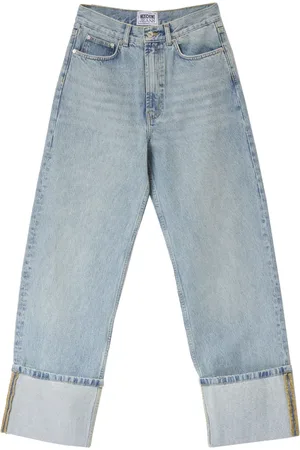 Moschino Jeans, Dames, Blauw, W26, Katoen, Hoge Taille Sigaret Jeans met Berggrafiek