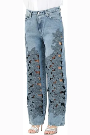 VICOLO Jeans, Dames, Blauw, M, Denim, Bloemen Geborduurde Denim Jeans
