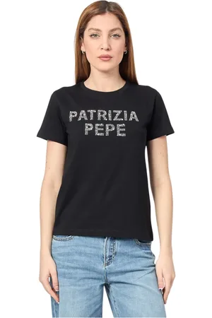 Patrizia Pepe Tops, Dames, Zwart, M, Pailletten, Zwart T-shirt met paillettenlogo