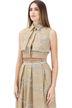 Elisabetta Franchi Tops, Dames, Veelkleurig, L, Katoen, Beige Mouwloze Crop Shirt met Iconische Patronen