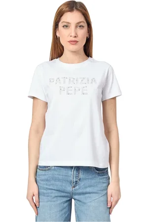Patrizia Pepe Tops, Dames, Wit, XS, Pailletten, Wit Paillet Logo T-shirt