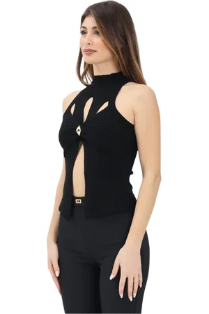 Elisabetta Franchi Tops, Dames, Zwart, S, Zwarte Geribbelde Top met Cut-Out Details