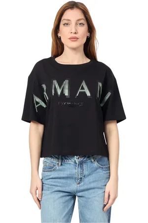 Armani Exchange Tops, Dames, Zwart, S, Katoen, Zwarte Cropped T-shirt met Voorlogo