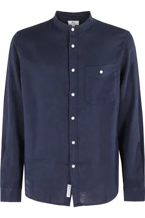 Woolrich Overhemden, Heren, Blauw, S, Linnen, Blauwe Linnen Band Kraag Shirt