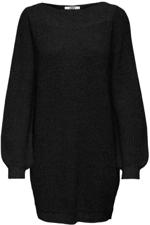 JACQUELINE DE YONG Kleedjes, Dames, Zwart, S, Polyester, Zwarte Gebreide Ballonmouw Jurk