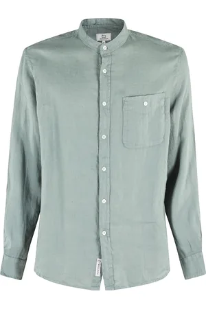 Woolrich Overhemden, Heren, Groen, XL, Linnen, Groene Linnen Band Kraag Shirt