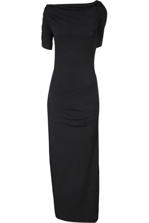 Jacquemus Kleedjes, Dames, Zwart, XS, Polyester, Zwarte Asymmetrische Hals Midi Jurk